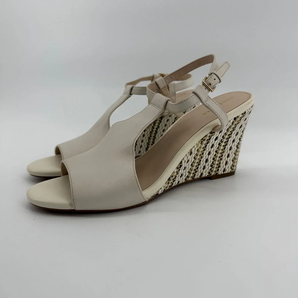 Cole Haan Maddie Ivory Leather T-Strap Woven Wedge Sandals W14877‎ Womens 9.5B